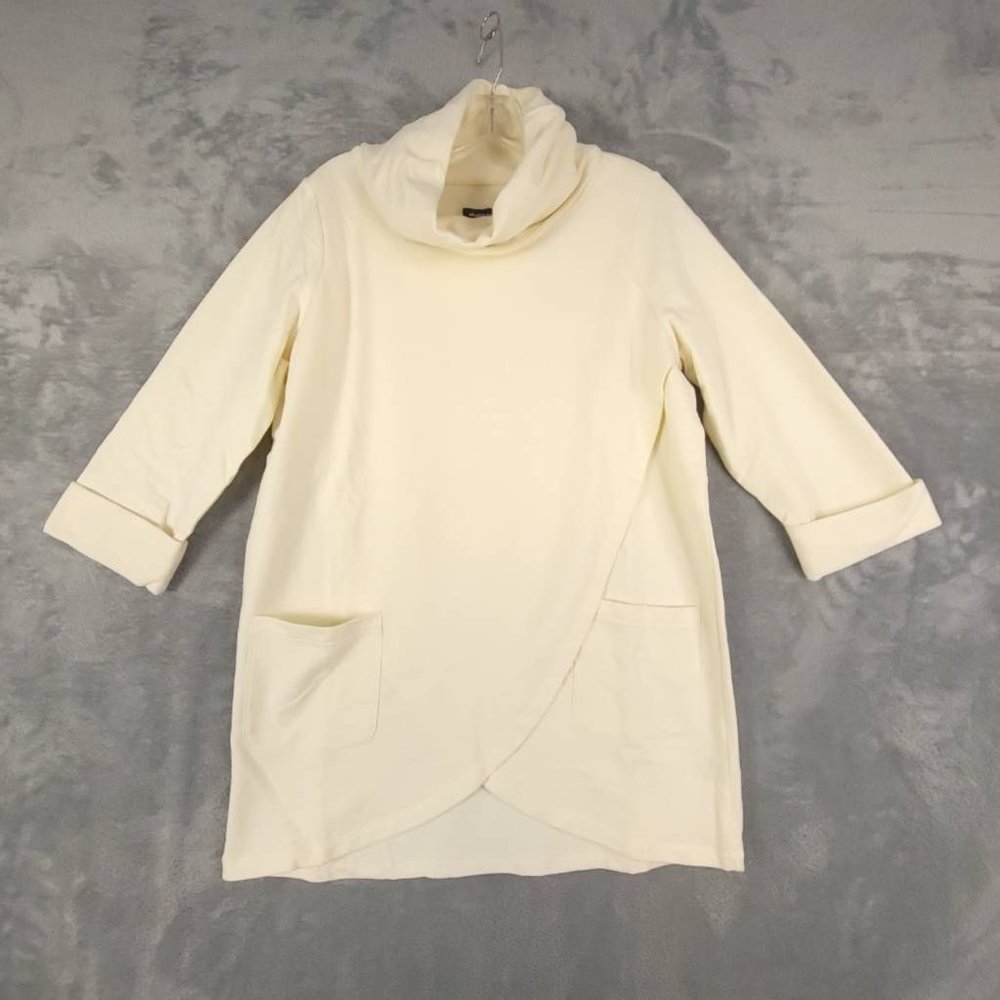 Studio Park Womens Sweater Tunic French Terry Cowl Neck Ivory Petal Fold S‎ New